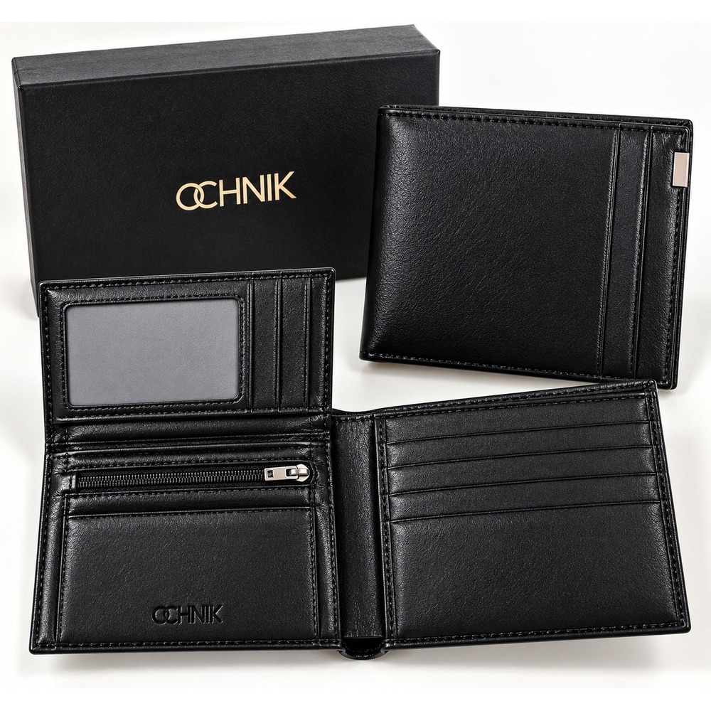 Ochnik Black Genuine Leather Bi-Fold Wallet with ID Window and Coin Pocket NIB